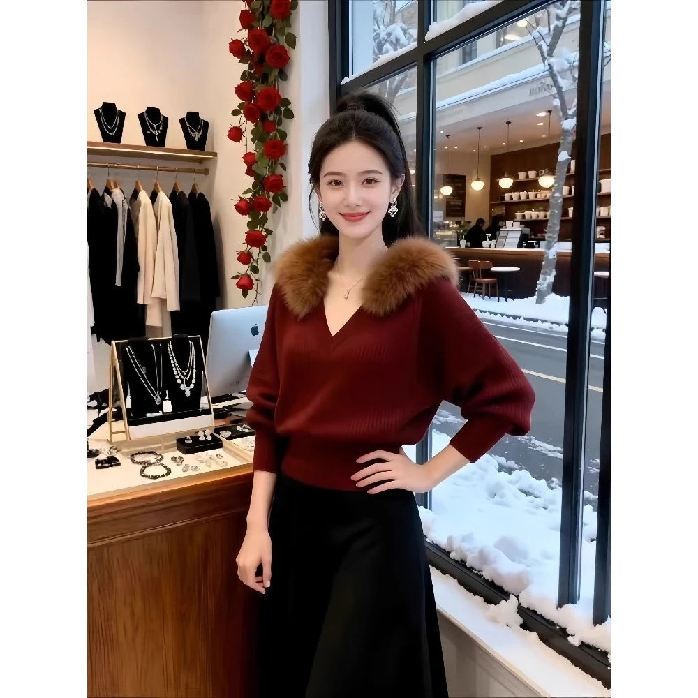 简直好看到炸！御姐气质轻熟风米白色V领长袖针织衫女秋冬短款毛衣