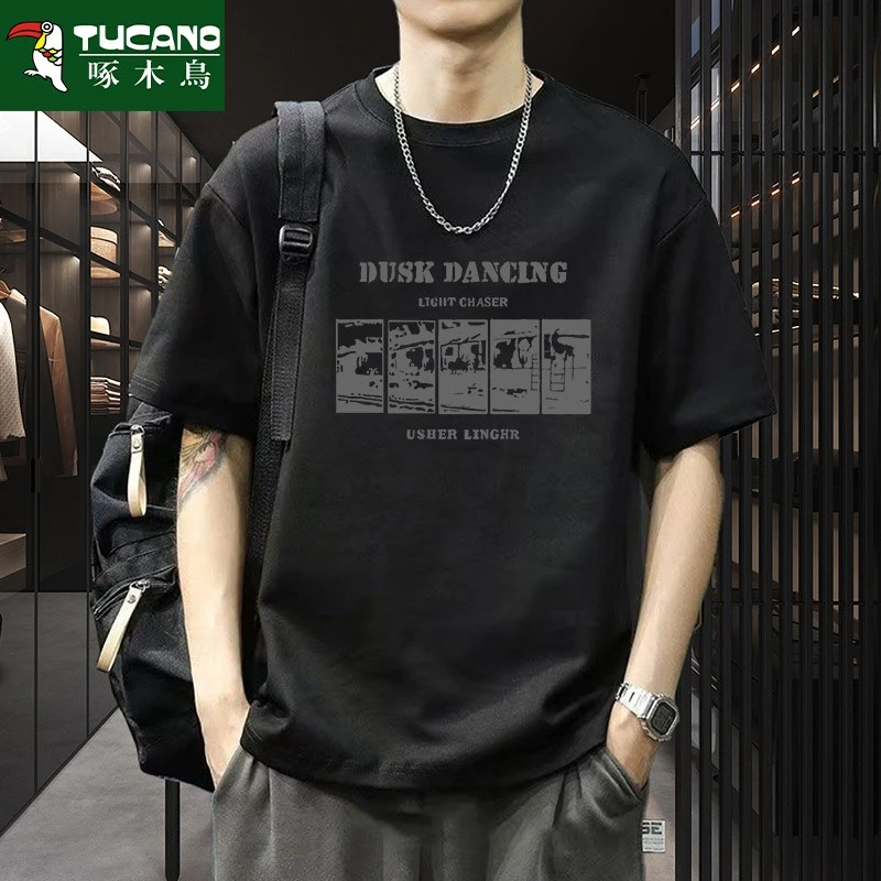 啄木鸟印花设计爆潮牌款港风休闲纯棉短袖T恤圆领宽松百搭上衣t恤