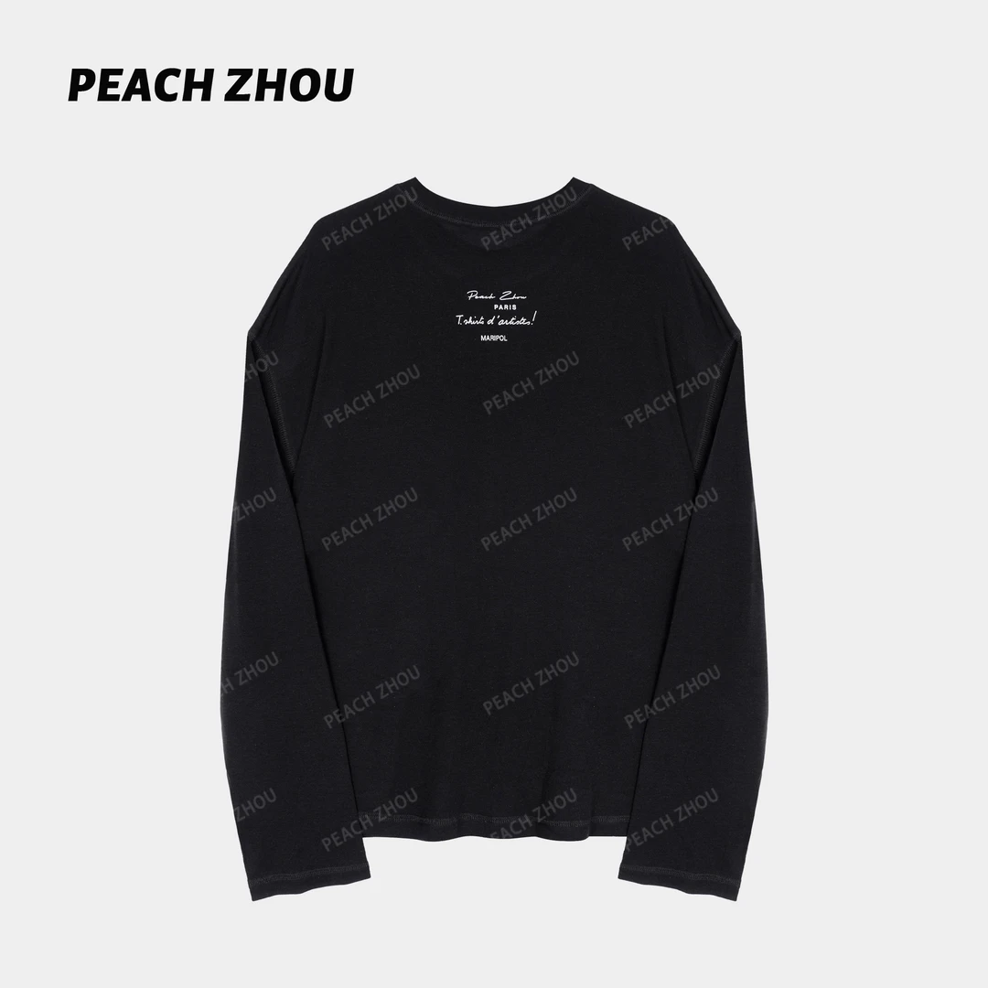 『PEACHZHOU』莱赛尔羊毛标语印花宽松圆领长袖简约休闲纯色松驰T恤