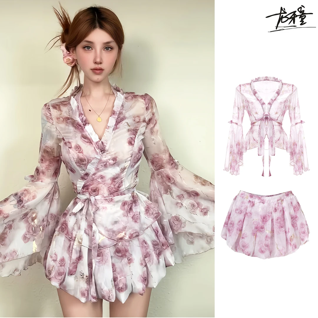 （清）龙怼怼推荐【粉香盈袖】法式碎花显瘦连衣裙夏季长袖气质风收腰