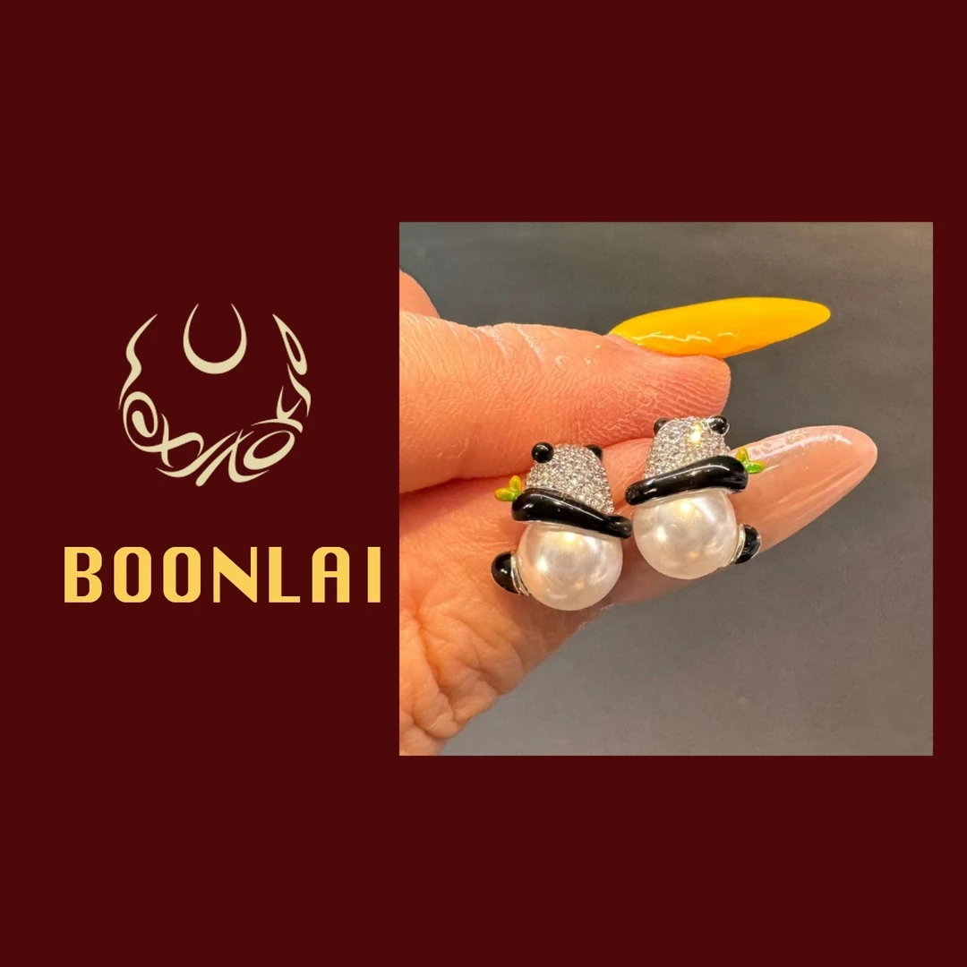铜合金锆石耳饰 Boonlai 可爱风拼色小熊猫珠珠耳环1304