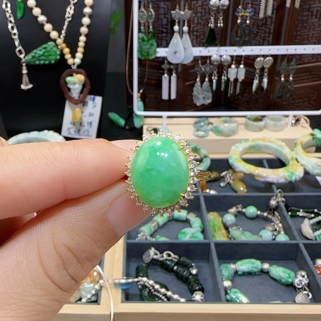 翡翠戒指银S925镶嵌天然缅甸a货翡翠