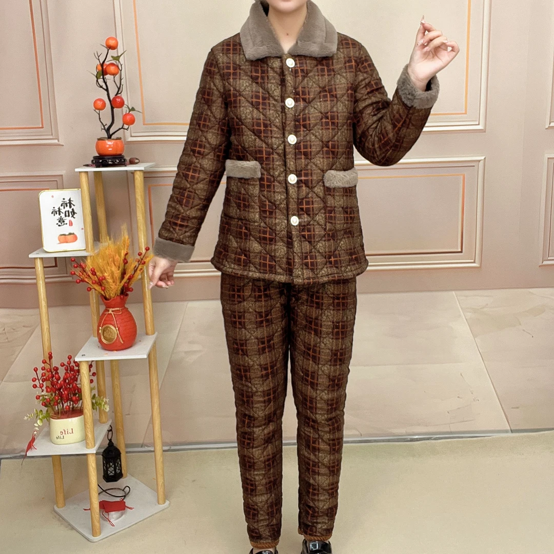 冬季新款加绒保暖加厚套装中老年女装洋气极简风翻领K款妈妈装