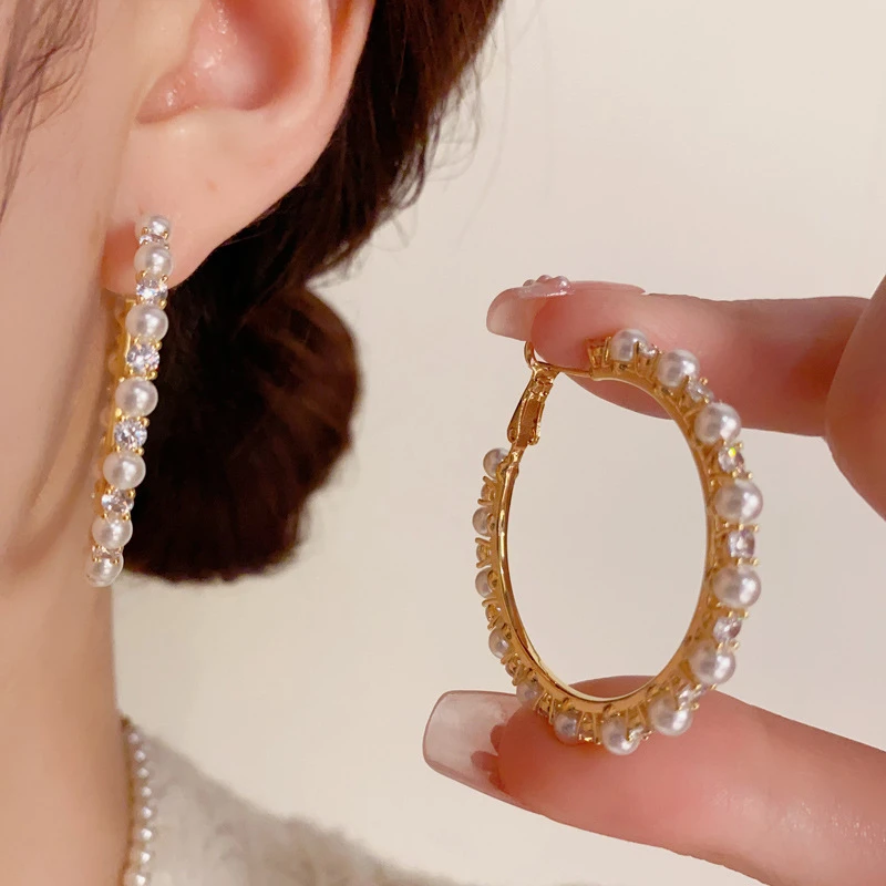 铜合金仿珍珠耳饰 欧美个性时尚温柔百搭镶钻s925银针直针耳圈