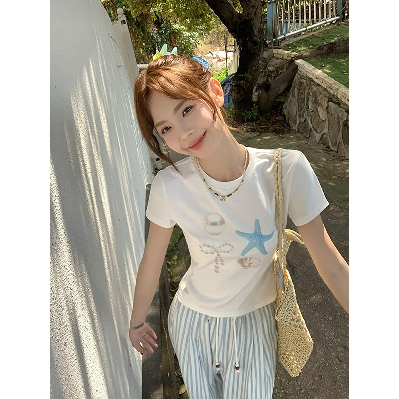 正肩短袖t恤女夏新款小众修身外穿体恤法式甜辣风小个子洋气上衣