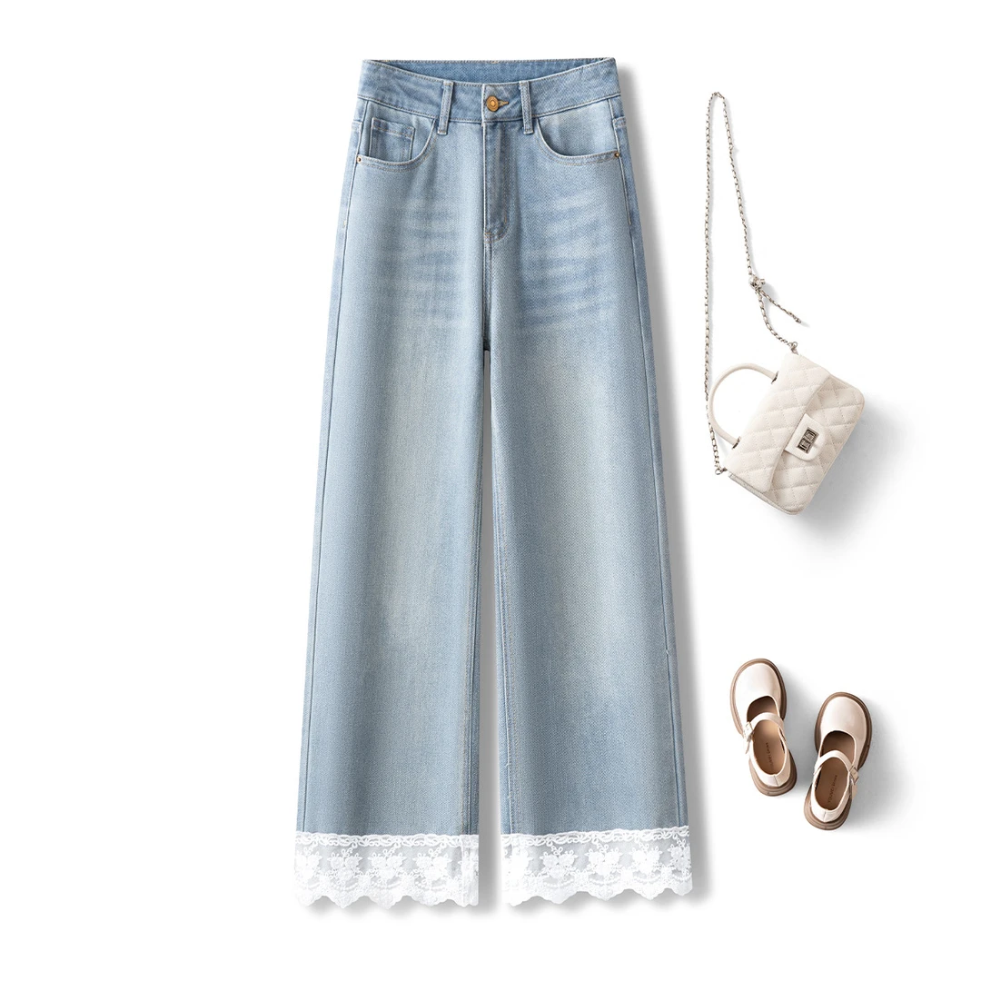 天空蓝高腰休闲牛仔裤女2025年新款夏季直筒裤时尚蕾丝拼接阔腿裤