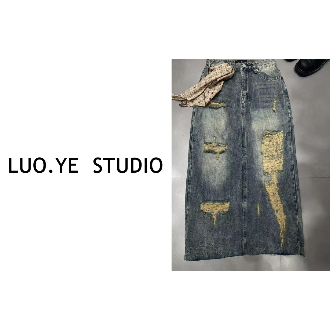 罗爷 · 【棠绯】破洞丝巾牛仔裙A字裙中长裙2025春季时尚欧货休闲