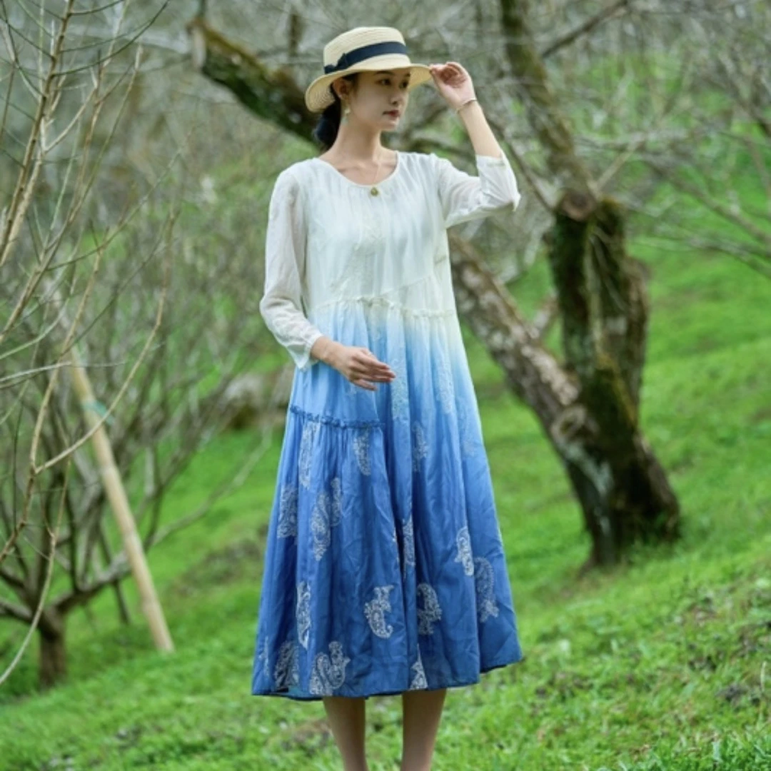 81227-1吊染渐变仙气连衣裙裙子蓝色粉色