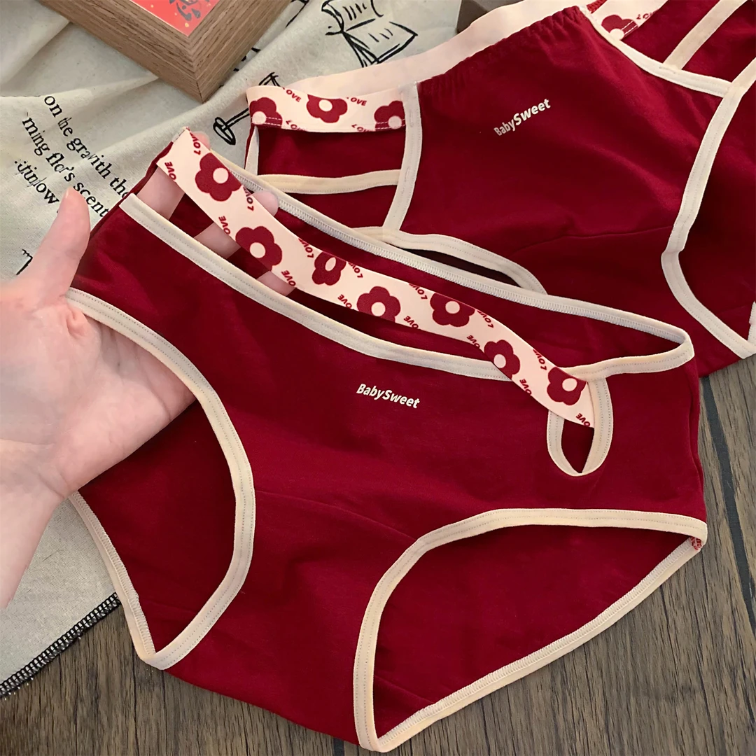 红运小红花~本命年红色镂空女生内裤女纯棉7a抗菌三角裤2025新款