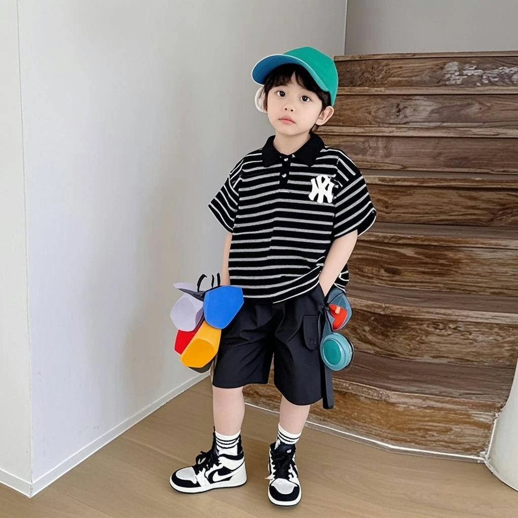 新款polo衫夏季网红炸街帅气潮儿童衣服条纹男童夏装短袖套装