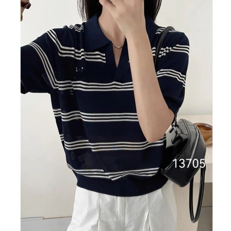 13705（部分无水洗唛，介意慎拍）CHUXUN剪刀领翻领针织条纹短袖