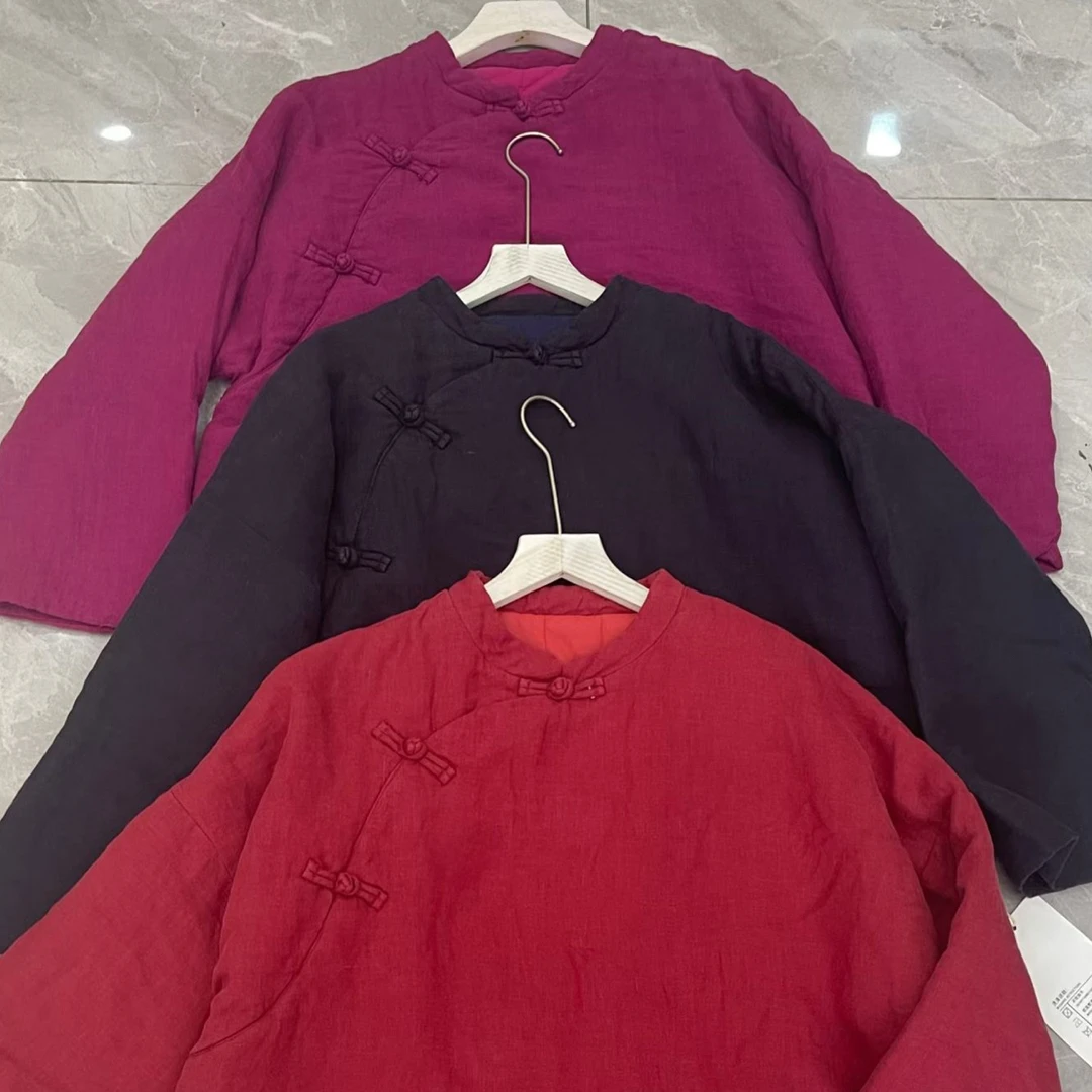 亚麻斜盘扣纯色棉服(衣长68胸围130)