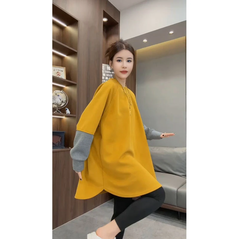 欧货2025秋冬新款大版撞色假两件圆领卫衣时尚潮流中长款长袖女