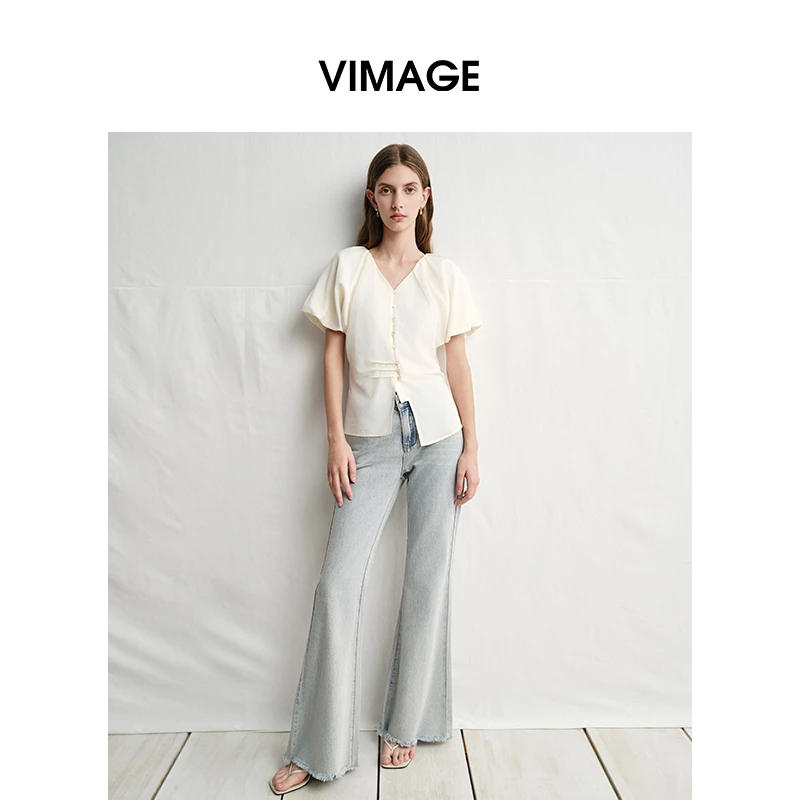 VIMAGE/纬漫纪夏季法式V领泡泡袖显瘦短袖压褶设计上衣V2309909