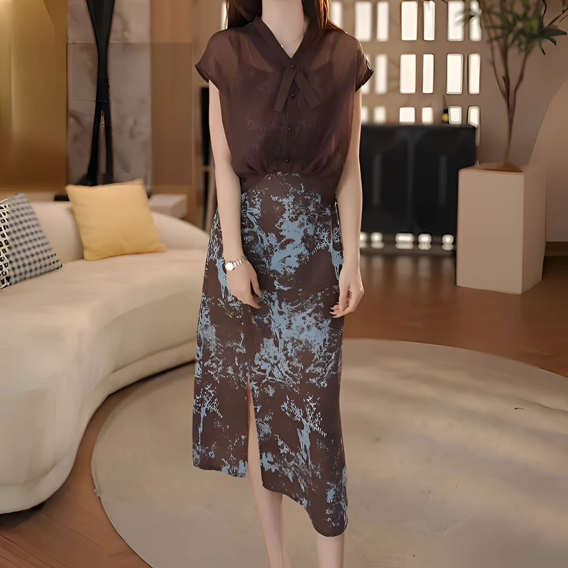 夏季新款法式高级感水墨印花吊带连衣裙衬衫两件套时尚套装女