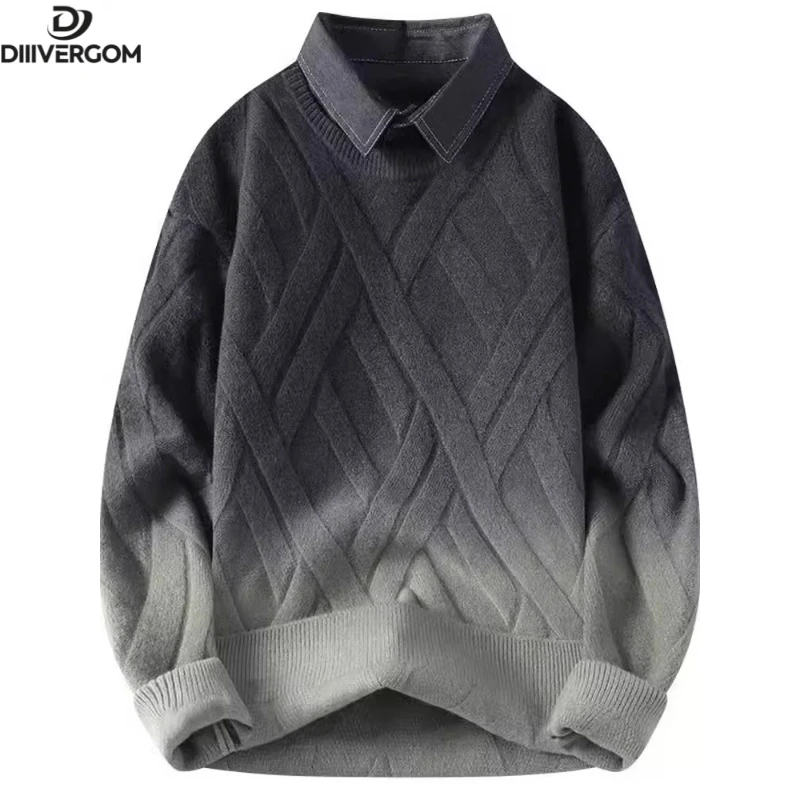 2025秋季新款爆款渐变色毛衣加绒衬衫领男针织衫潮牌慵懒风假两件