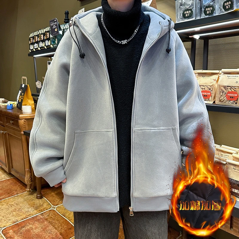 秋冬季新款纯色加绒加厚保暖连帽外套青少年学生宽松百搭夹克男孩