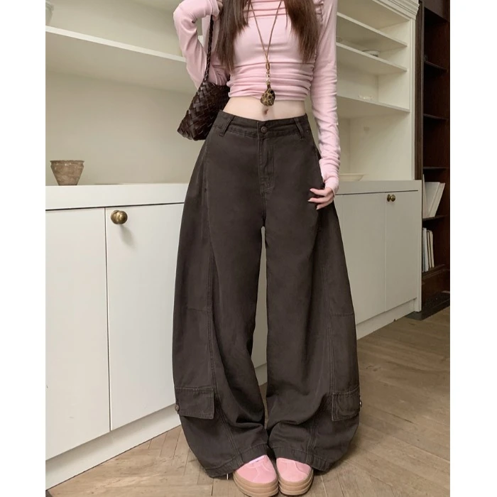 咖啡色复古弯刀牛仔裤女秋季美式工装裤百搭高腰阔腿裤子拖地长裤