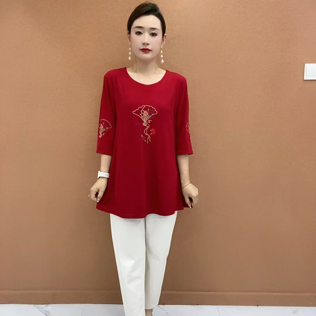 反季清仓夏季新款中袖时尚百搭妈妈装宽松遮肚大码中长款A版小衫