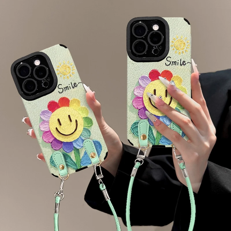 适用苹果16promax手机壳瞳眼羊皮iPhone15promax新女款笑脸太阳花