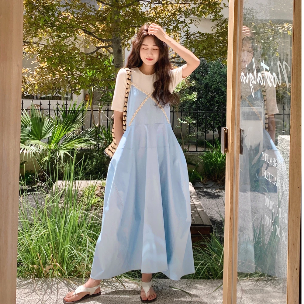 蓝色小清新蓬蓬吊带裙套装女夏新款甜美森系显瘦温柔风t恤两件套