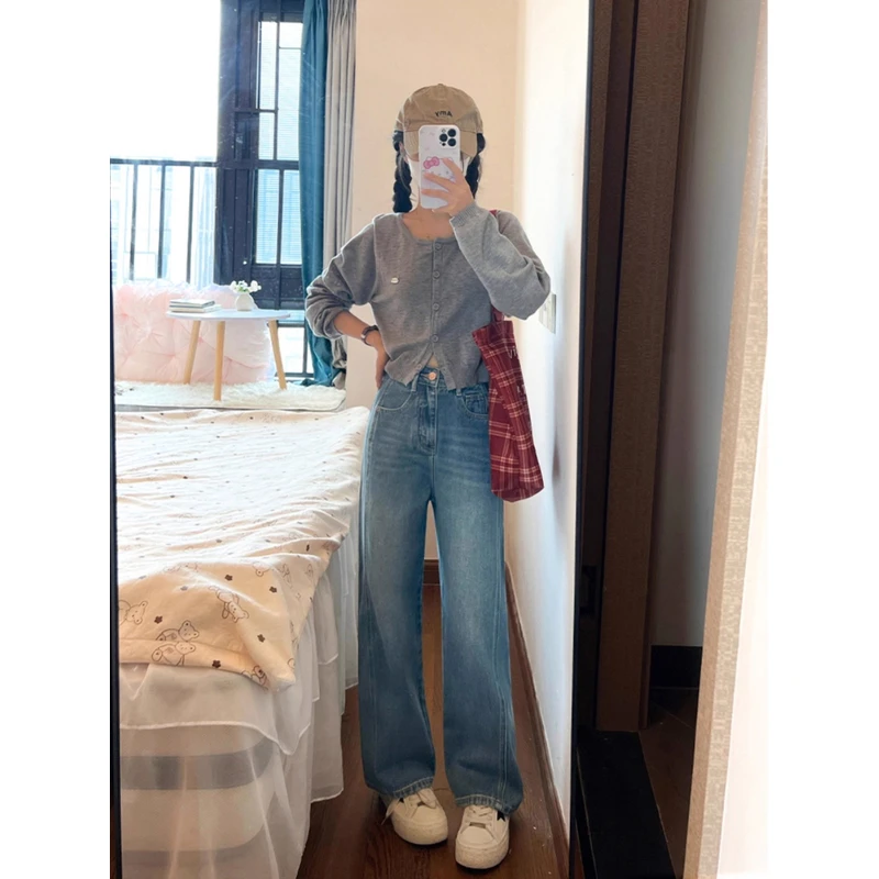 蓝色港风阔腿裤女2025新款高腰显瘦大码胖mm小个子夏季薄款牛仔裤