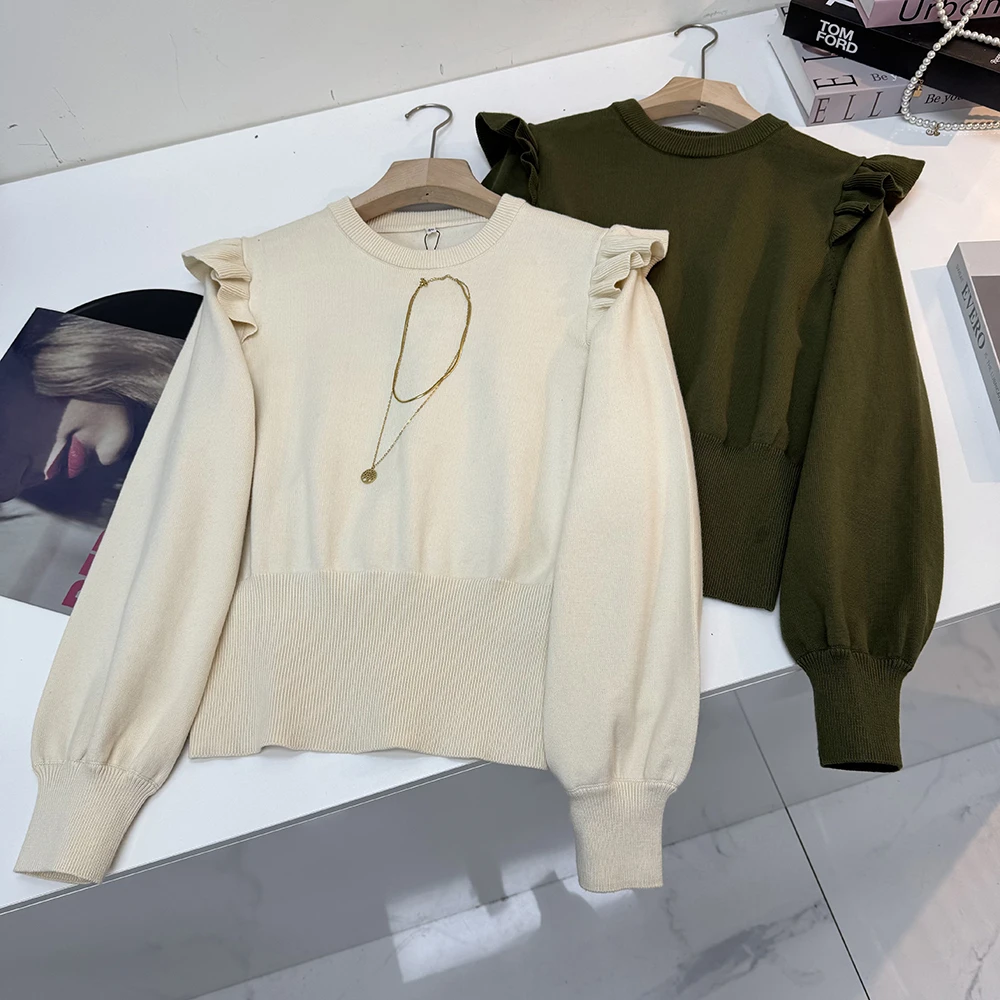 纯色木耳边耸肩袖收腰针织衫毛衣上衣女12996