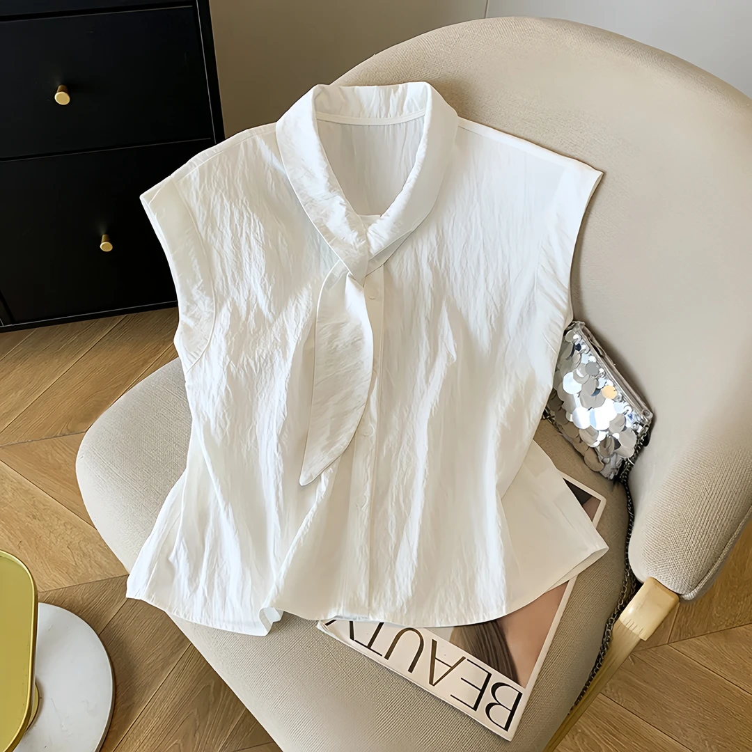 SM小众法式白色上衣女秋季新款小众设计感短袖休闲宽松显瘦衬衫