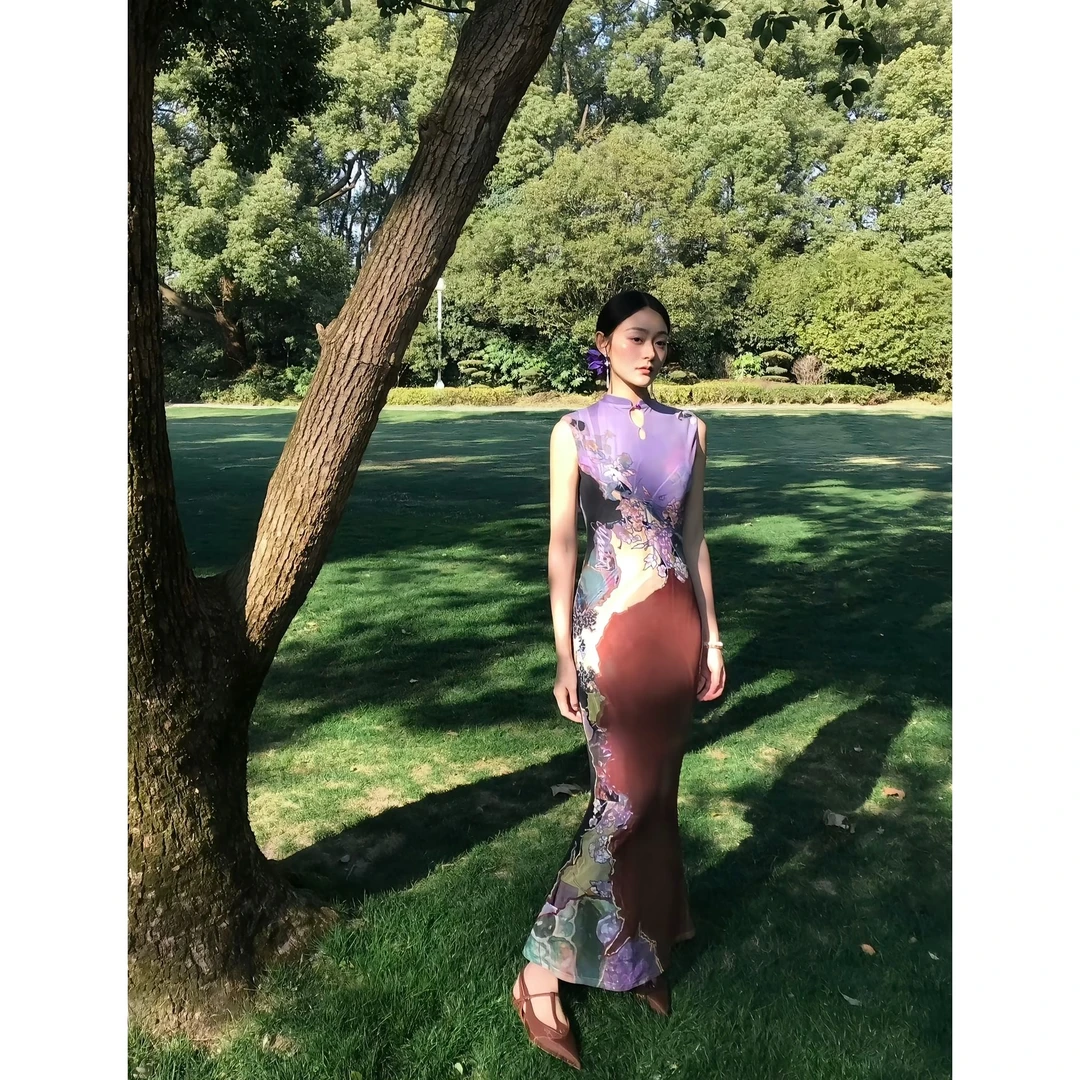 2025年新中式前后两穿撞色旗袍连衣裙女印花鱼尾背心裙优雅长裙