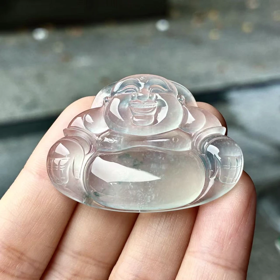 天然a货缅甸翡翠自然光尺寸30.5/41.9/6.1,高冰飘绿花佛公吊坠