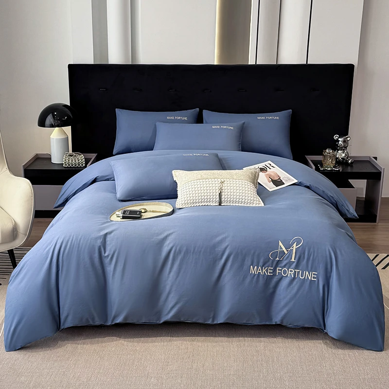 四季简约时尚绣花轻奢加厚纯色单人双人宿舍纯棉全棉刺绣四件套