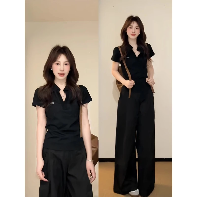 韩系减龄休闲运动服套装女夏季简约百搭黑色POLO衫短袖长裤两件套