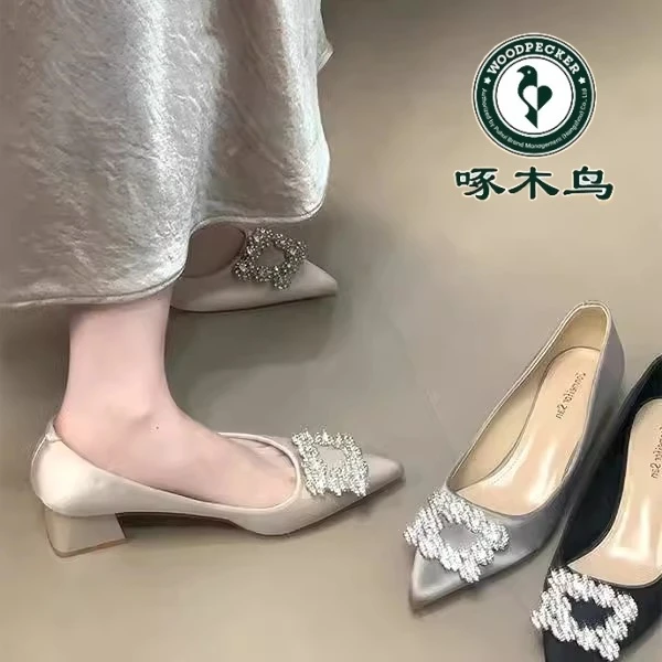 啄木鸟水钻方扣粗跟玛丽珍晚晚风气质单鞋女2025春新款尖头高跟鞋