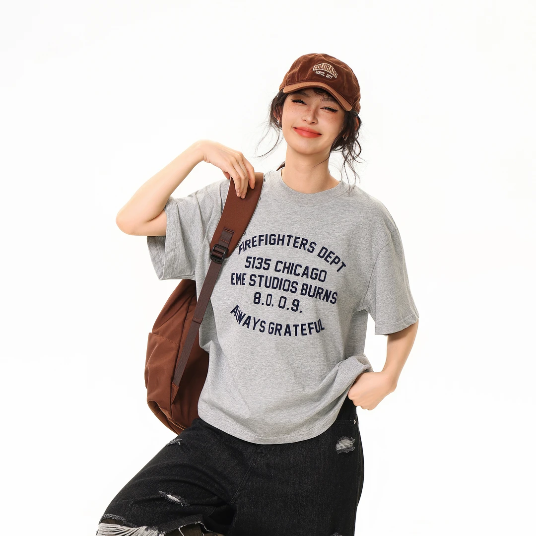 【清仓】无无厘头原创300G重磅美式复古植绒字母短袖T恤女夏季宽松