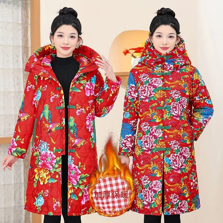 长款棉袄冬季新款加棉加厚保暖时尚民族风大花I复古百搭连帽外套