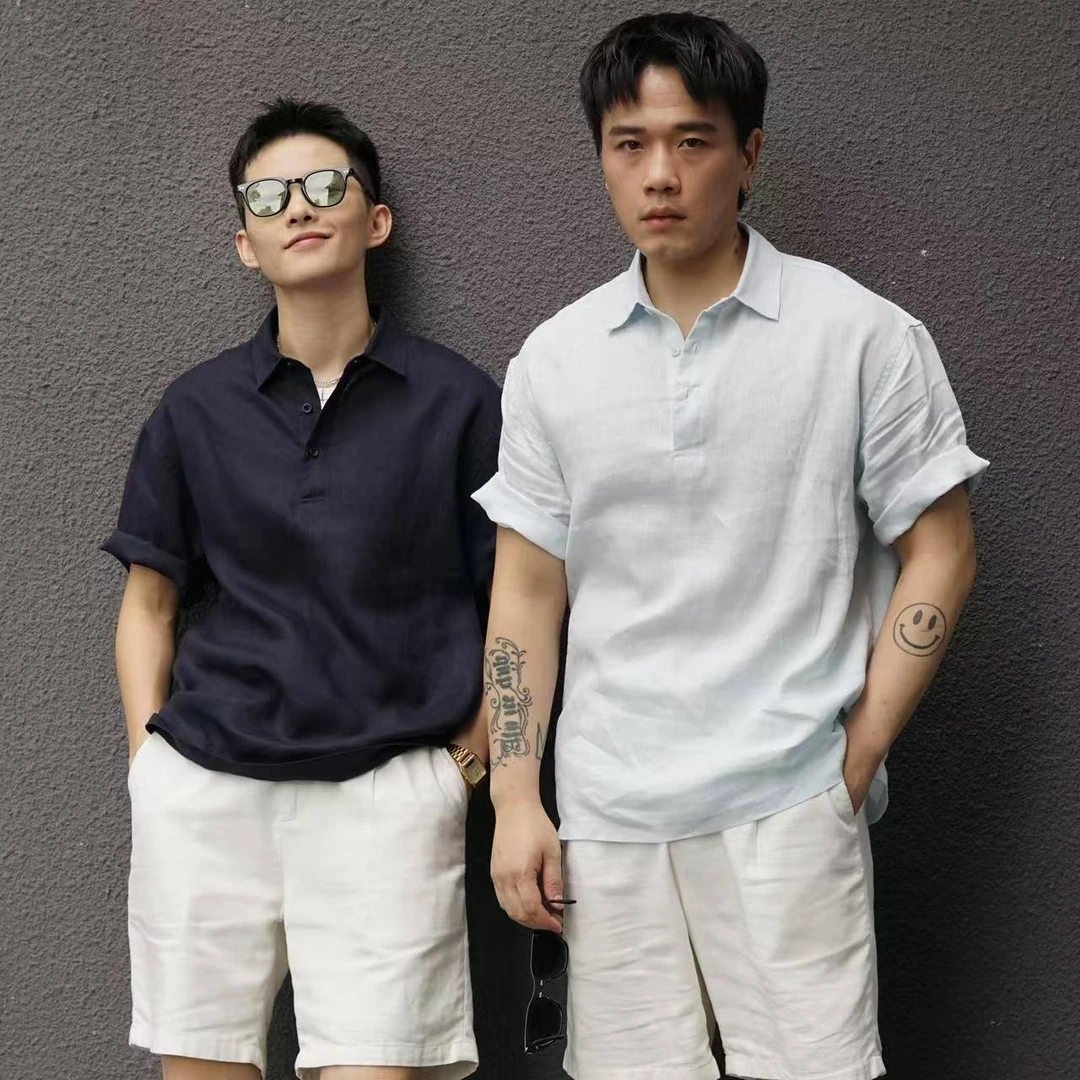 和一合集夏季松弛老钱风薄款透气100%亚麻高级感翻领套头短袖衬衫