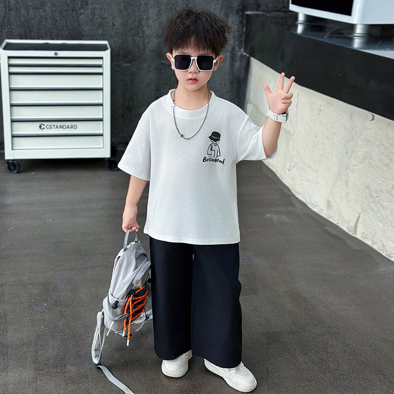男童夏套2025新款宽松白色短袖T恤洋气男孩夏季休闲童T