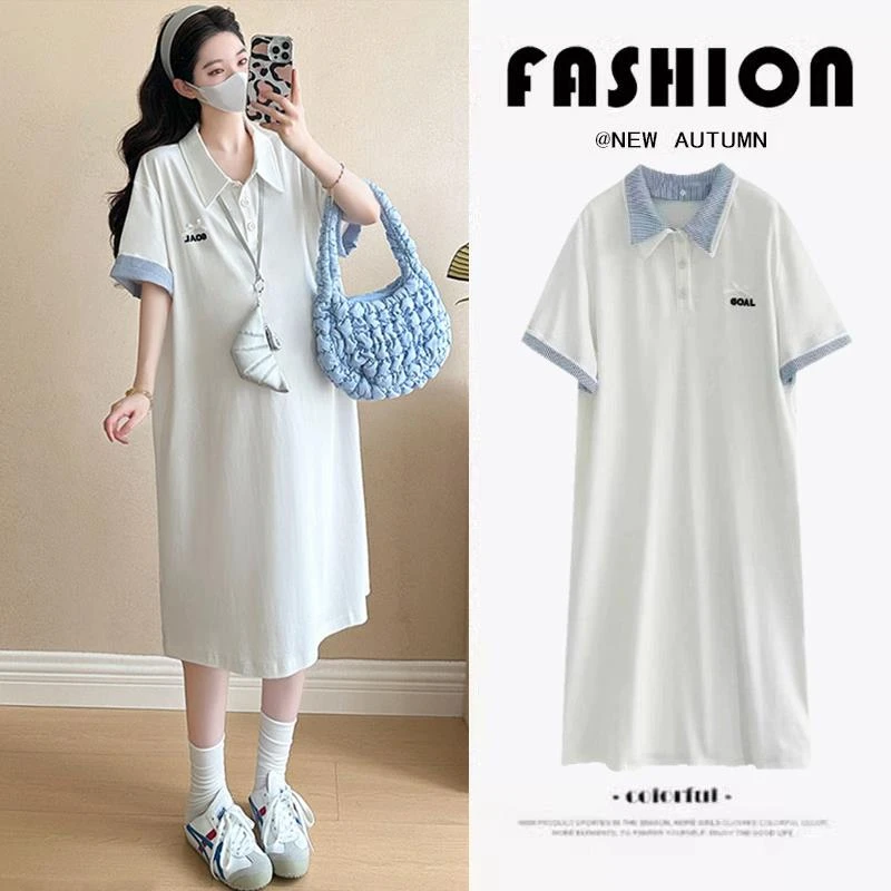 日本孕妇连衣裙2025新款高级穿搭休闲宽松polo领长裙夏季孕妇裙子