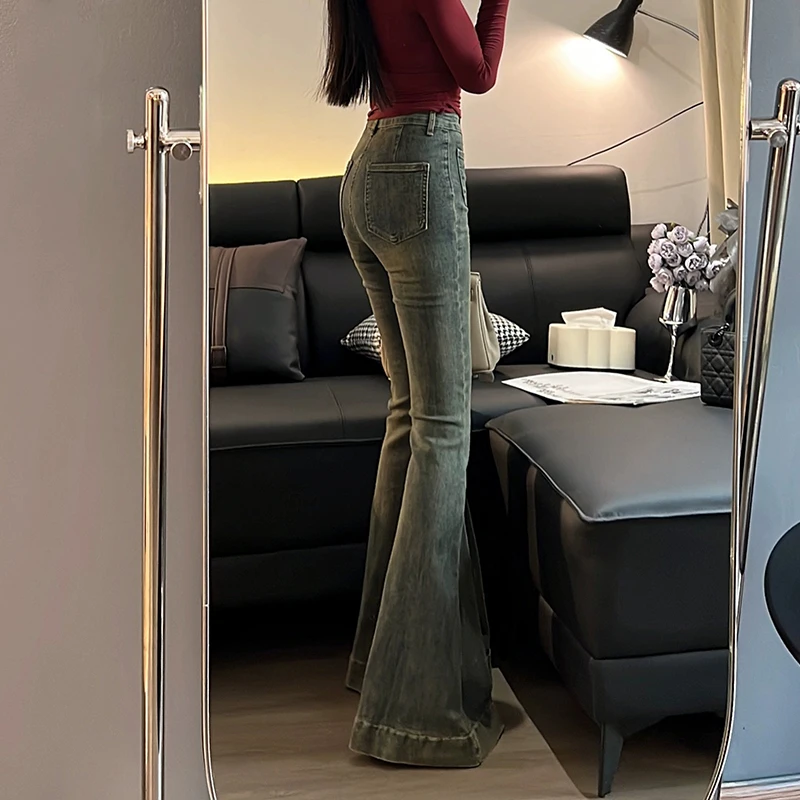春秋复古蓝高腰微喇叭牛仔裤女辣妹时髦炸街大喇叭小个子修身显瘦
