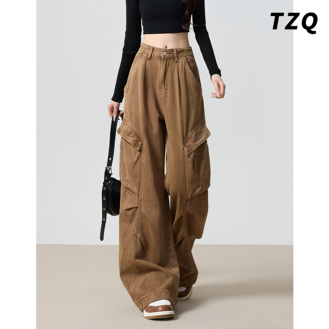 流光琥珀咖色工装阔腿牛仔裤女款2025爆款高腰宽松垂感多口袋裤子
