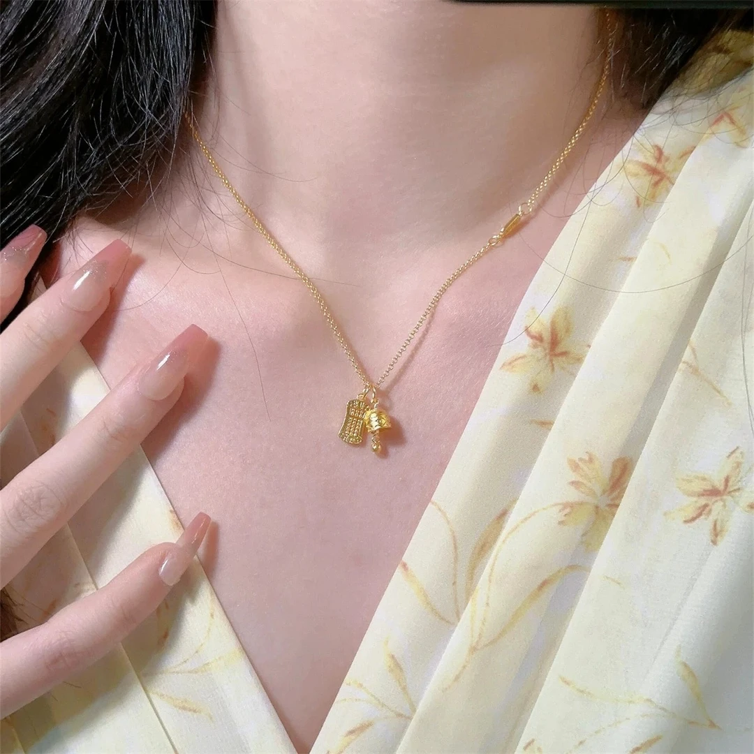 钛钢项链 气质如意平安铃算盘吊坠项链新款轻奢设计锁骨链颈链