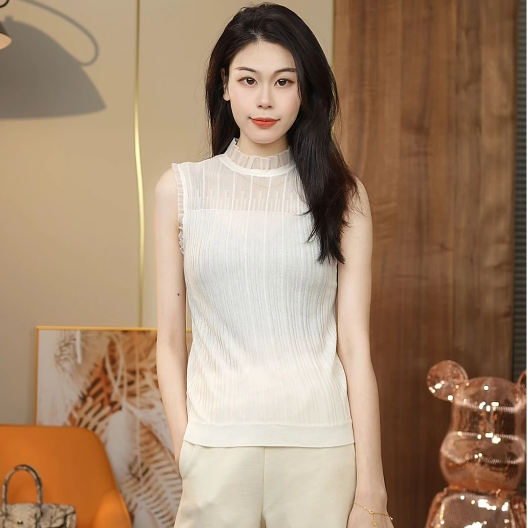 2025早春新款镂空短款无袖半高领蕾丝百搭修身显瘦羊毛打底针织衫