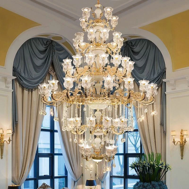复式楼大吊灯别墅挑空客厅蜡烛水晶灯欧式楼中楼跃层楼梯间长吊灯