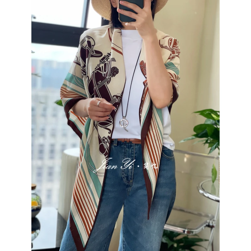 【藏书章-三角巾蓝棕色】通勤百搭100%羊毛围巾丝巾披肩123CM搭配