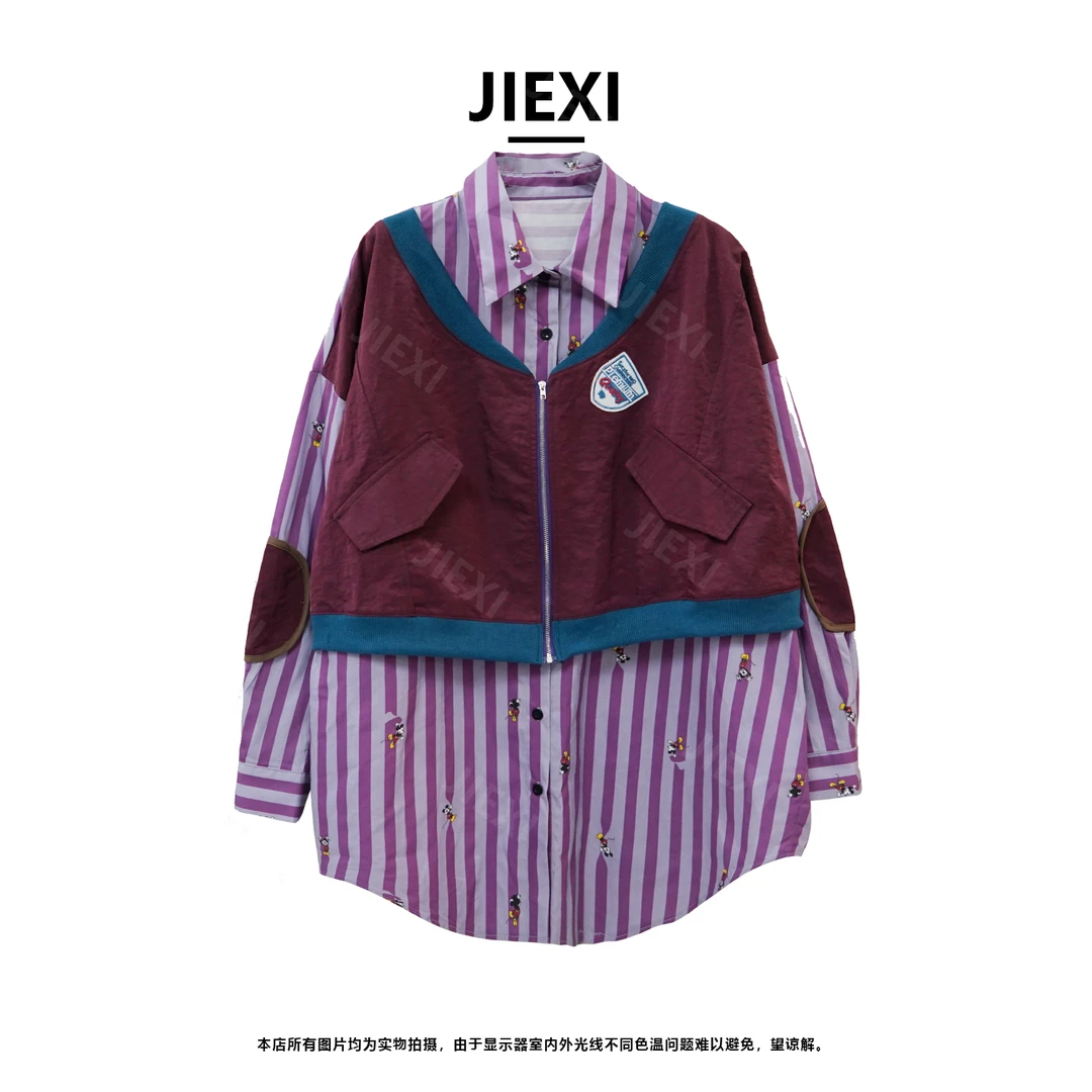 JIEXI设计师新款休闲大码拼色贴布绣百搭显瘦假两件衬衫jx2501