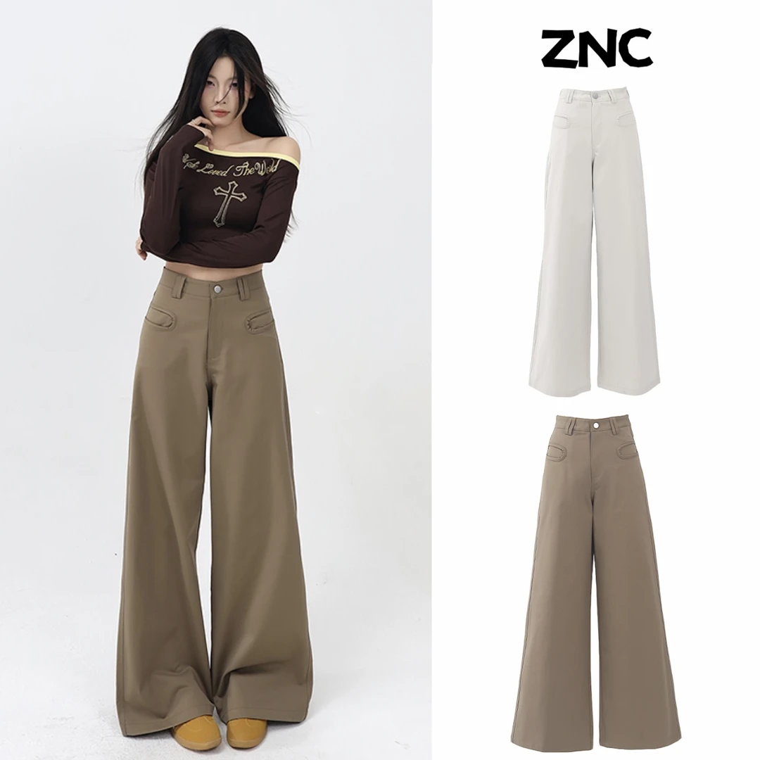 哲娜纯卡其色西装休闲直筒裤女新款高腰宽松显瘦垂感阔腿拖地裤