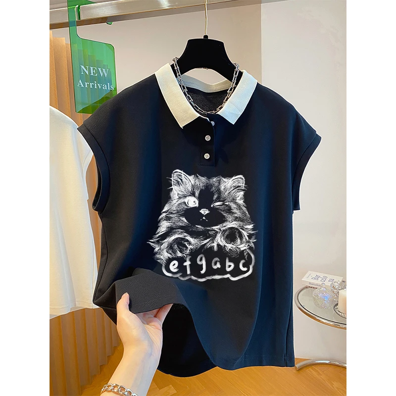 300斤加大码春夏季设计感小众猫咪印花撞色翻领无袖t恤男飞袖上衣