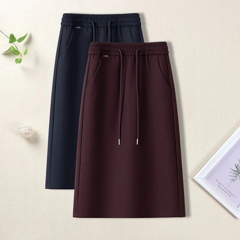 时尚休闲毛呢半身裙2025秋冬季新款松紧腰显瘦百搭过膝直筒卫裙子