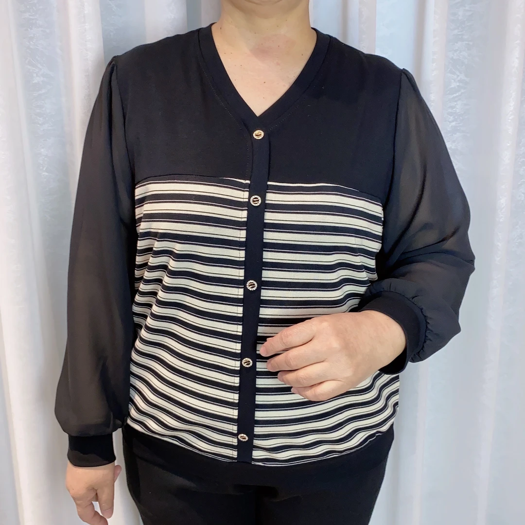 气质时尚休闲纽扣条纹v领中老年大码妈妈装春秋季长袖小衫6607