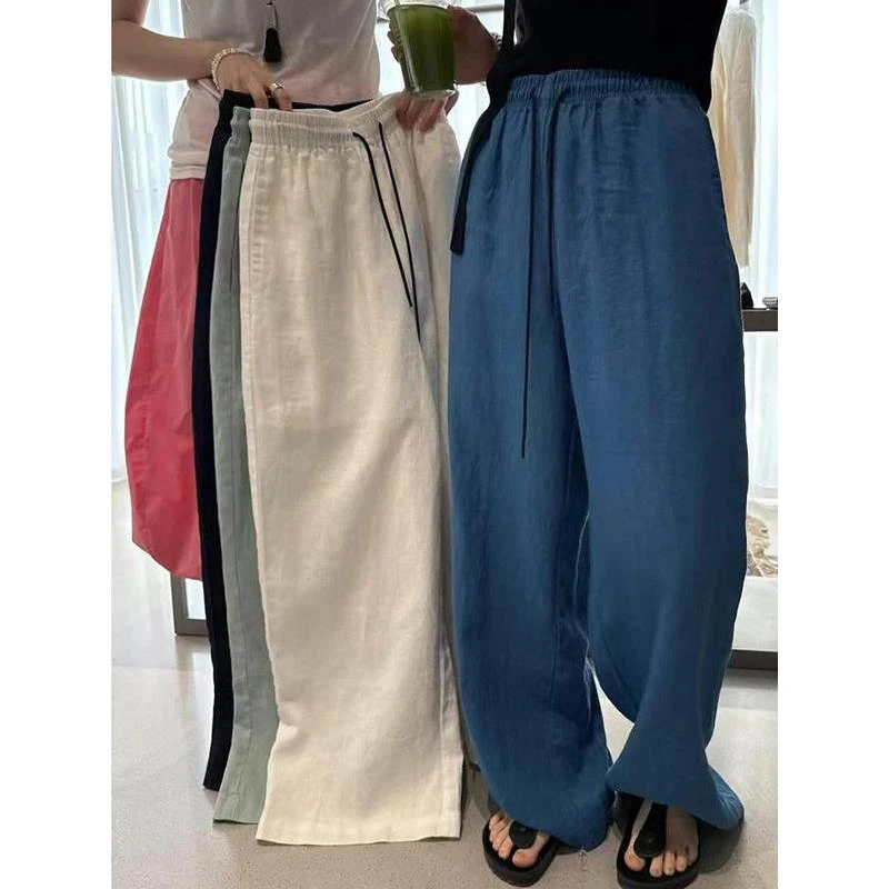 夏季新款亚麻直筒休闲裤混纺冰麻肌理透气高腰显瘦百搭阔腿裤子